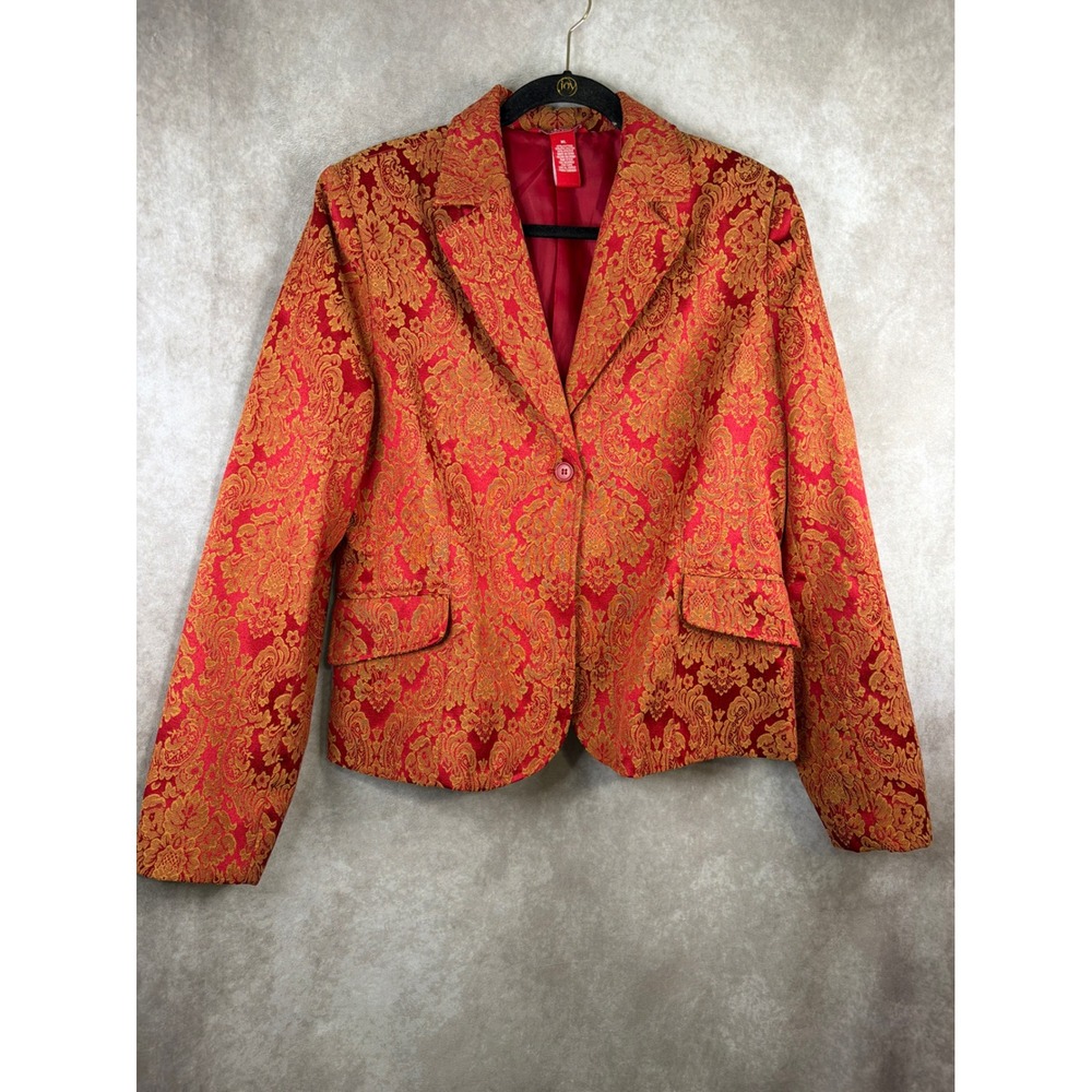 Contact New York Blazer Women XL Red Gold Damask Jacquard Single Button Formal
